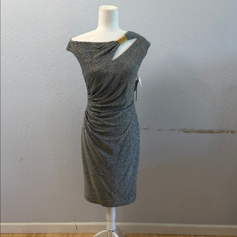 David Meister Metallic Gray One-Shoulder Ruched Sheath Dress